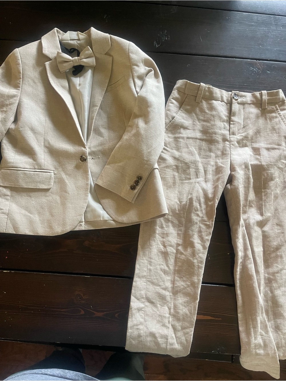 Beige Linen-Look Blazer & Pants Set with Bow tie Accent